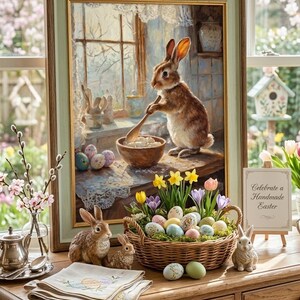 May include: An Easter-themed still life featuring a framed painting of a rabbit cooking, a basket of decorated eggs and flowers, and ceramic rabbit figurines. A sign reads "Celebrate a Handmade Easter". The scene is set on a wooden surface.
