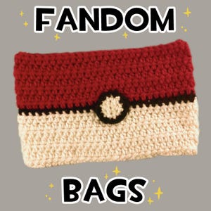 May include: A handmade crochet bag in red and cream, with a black circular design. The bag is labeled "FANDOM BAGS" in a playful font. The bag is a fan-made item.