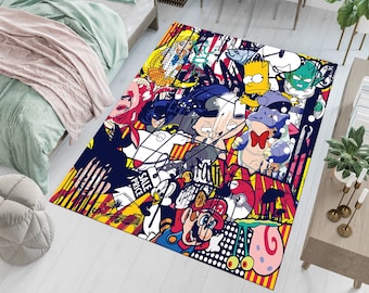 May include: A rectangular area rug featuring a vibrant collage of cartoon characters, including Batman, Bart Simpson, and Mario. The rug has a colorful, pop art style with a "SALE PRICE" text. The rug is placed on a white floor.