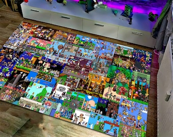 May include: A colorful rug with a pixelated design featuring various characters and objects. The rug is made up of many squares, each with a different image. The rug is laid out on a wooden floor.