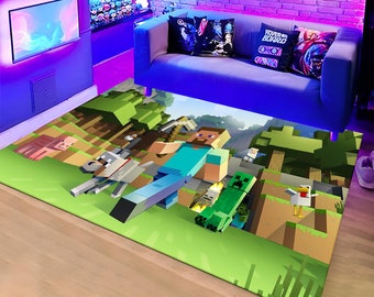 May include: A green and brown Minecraft-themed rug with a 3D design featuring a character from the game, a creeper, a pig, and a chicken. The rug is laid out on a wooden floor in a room with a couch and a TV.