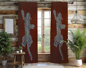 Tibetan Leopard Window Curtains - 2 Panel Terracotta Safari Animal Drapes - Trendy Kids Bedroom & Playroom Decor