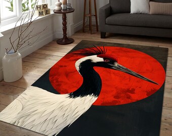 Dramatic Japanese Crane Area Rug - Red Sun Black Crane Carpet - Cool Gamer Room & Asian Zen Floor Decor