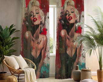 Pop Art Hollywood Portrait Window Curtains - 2 Panel Vintage Glamour Woman Drapes - Dramatic Red & Turquoise Decor