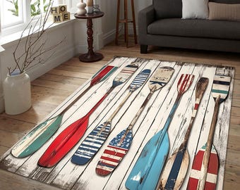Vintage Coastal Wooden Oars Area Rug - Nautical Beach House Carpet - Rustic Cottage & Summer Home Floor Decor