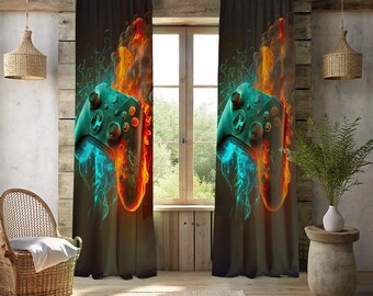Cyber Fire Ice Gaming Controller Window Curtains - 2 Panel Neon Gamer Gamepad Drapes - Cool Kids Bedroom & Game Room Decor