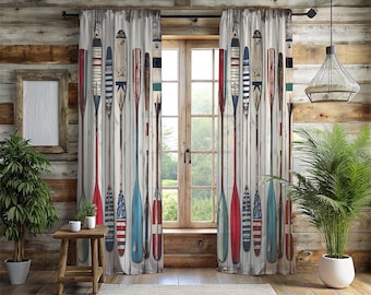 Vintage Coastal Wooden Oars Window Curtains - 2 Panel Nautical Beach House Drapes - Rustic Cottage & Summer Home Decor