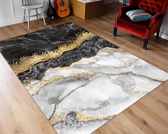 Luxury Black & Gold Marble Area Rug - Modern White Agate Glitter Carpet - Elegant Living Room - Teen Bedroom Floor Decor