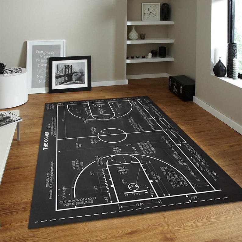 Basketball 3 Point Line Rug Basketball Court Blueprint Area Rug – Technical Sports Scheme Floor ...