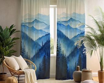 Watercolor Blue Mountain Window Curtains - 2 Panel Indigo Pine Forest Landscape Drapes - Tranquil Japandi & Nordic Living Room Decor