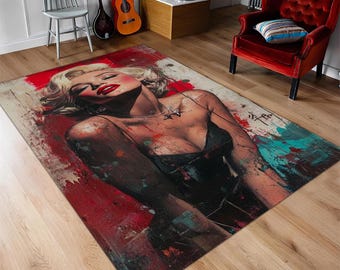 Pop Art Hollywood Portrait Area Rug - Vintage Glamour Woman Carpet - Dramatic Red & Turquoise Living Room Floor Decor