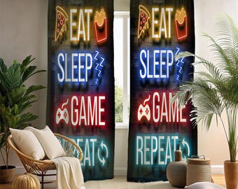Eat Sleep Game Repeat Window Curtains - 2 Panel Neon Light Gamer Drapes - Cool Teen Boys Bedroom & Gaming Setup Decor