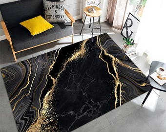 Luxury Black & Gold Agate Area Rug - Modern Marble Texture Fluid Art Carpet - Elegant Living Room  Cool Teen Bedroom Floor Decor