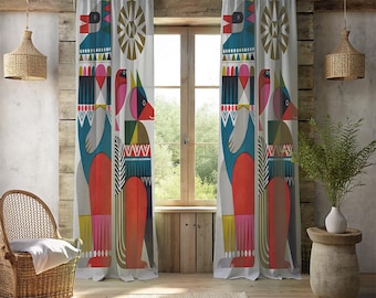 Nordic Tribal Mythological Window Curtains - 2 Panel Colorful Folk Art Birds Drapes - Cute Playroom & Kids Decor