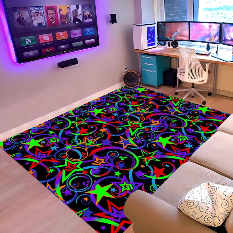 Neon Star Arcade Rug: Colorful Gamer Room Decor - Etsy