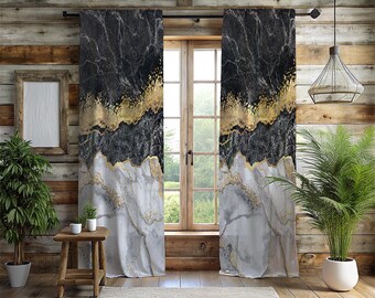 Luxury Black & Gold Marble Window Curtains - 2 Panel White Agate Glitter Drapes - Elegant Living Room - Studio Decor