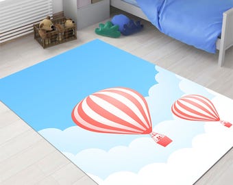 Pastel Hot Air Balloon Area Rug - Cute Clouds  Blue Sky Kids Carpet - Soft Nursery & Playroom Floor Decor
