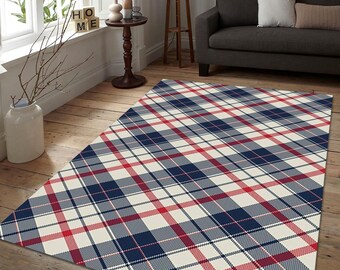 Classic Navy Red Plaid Area Rug - Scottish Tartan Pattern Carpet - Traditional Living Room & Cottage Floor Decor