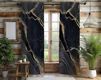 Luxury Black Gold Agate Window Curtains - 2 Panel Modern Marble Texture Fluid Art Drapes - Elegant Living Room & Master Bedroom Decor