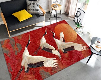 Japanese Flying Cranes Area Rug - Red & Gold Sun Asian Art Carpet - Elegant Traditional Living Room Floor Decor