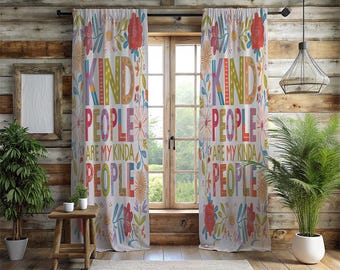 Kind People Are My Kinda People Window Curtains - 2 Panel Colorful Motivational Floral Drapes - Cute Playroom & Nursery Decor