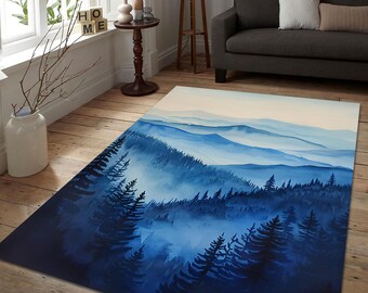 Watercolor Blue Mountain Area Rug - Indigo Pine Forest Landscape Carpet - Tranquil Japandi & Nordic Living Room Floor Decor