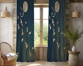 Minimalist Japanese Cranes Window Curtains - 2 Panel Navy Blue & Gold Moon Drapes - Elegant Oriental Zen Living Room Decor