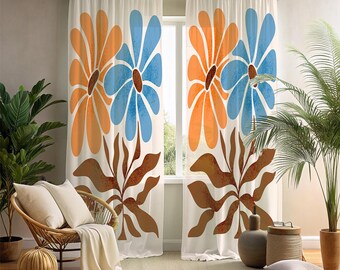 Retro Mid-Century Floral Window Curtains - 2 Panel Groovy Orange & Blue Daisy Drapes - Boho Chic Living Room Decor