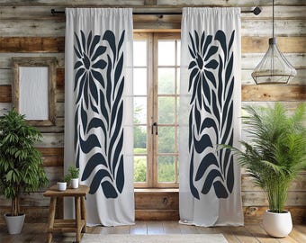 Minimalist Modern Botanical Window Curtains - 2 Panel High Contrast Abstract Flower Drapes - Elegant Japandi & Nordic Living Room Decor