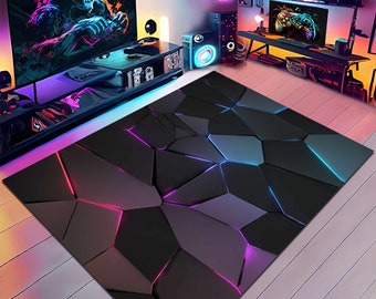 ネオンラグ、ネオン幾何学模様ラグ、ネオンライン、ゲーマー装飾、カラフルなラグ、ゲーマールームラグ、ゲーム装飾、ゲーマーギフト、カスタムラグ、パーソナライズギフト、エリアラグ