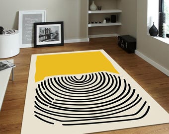 Mid-Century Modern Area Rug - Mustard Yellow & Black Line Art Carpet - Minimalist Abstract Living Room Floor Decor