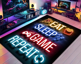 Eat Sleep Game Repeat Area Rug - Neon Light Gamer Room Carpet - Cool Teen Boys Bedroom & Gaming Setup Floor Decor