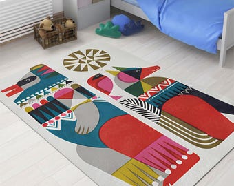 Nordic Tribal Mythological Area Rug - Colorful Folk Art Birds Carpet - Cute Playroom & Kids Bedroom Floor Decor