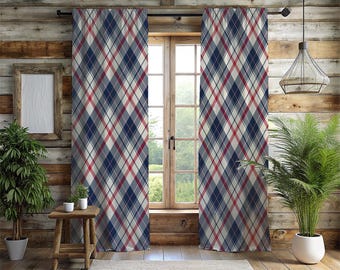 Classic Navy Red Plaid Window Curtains - 2 Panel Scottish Tartan Pattern Drapes - Traditional Living Room & Cottage Decor