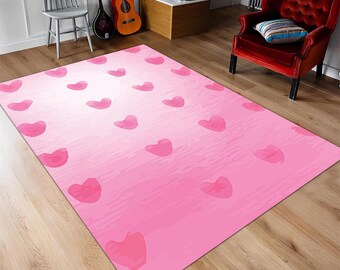 Soft Pink Hearts Area Rug - Cute Watercolor Ombre Kids Carpet - Sweet Baby Girl Nursery & Playroom Floor Decor