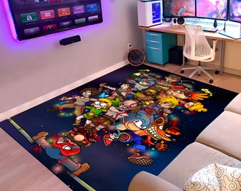 May include: A rectangular area rug featuring a vibrant cartoon collage of video game characters, including Mario, Sonic, and Crash Bandicoot, set against a dark blue background. The rug is placed in a gaming room setting.