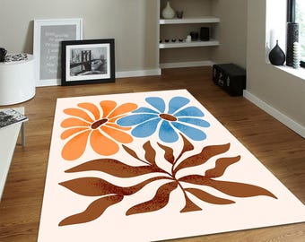 Retro Mid-Century Floral Area Rug - Groovy Orange Blue Daisy Carpet - Boho Chic Living Room & Bedroom Floor Decor