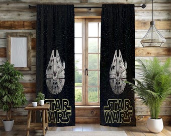 Star Wars Curtains - 2 Panel Yellow Logo Deep Space Drapes - Retro Sci-Fi Gamer Room Decor - Teen Room Curtains