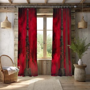 Mystic Warrior Katana Window Curtains - 2 Panel Traditional Sword Drapes - Cool Gaming Room & Teen Boy Window Decor