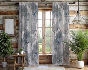 Elegant Watercolor Blue Floral Window Curtains - 2 Panel Soft Pastel Flower Drapes - Romantic Cottagecore Living Room Decor