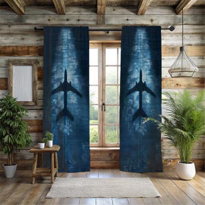 Modern Airplane Silhouette Window Curtains - 2 Panel Deep Blue Aviation Drapes - Cool Teen Boy's Room & Travel Theme Decor