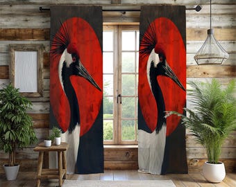 Dramatic Japanese Crane Window Curtains - 2 Panel Red Sun & Black Crane Drapes - Elegant Asian Zen Living Room Decor