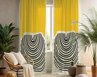 Mid-Century Modern Window Curtains - 2 Panel Mustard Yellow & Black Line Art Drapes - Minimalist Abstract Living Room Decor