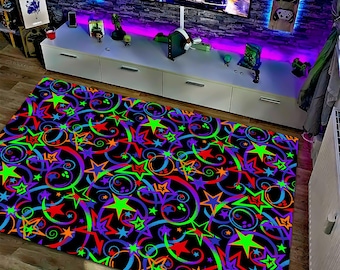 ネオンスターアーケードラグ：カラフルなゲーマールームの装飾