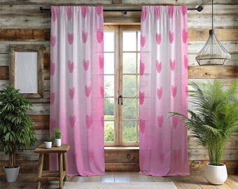 Soft Pink Hearts Window Curtains - 2 Panel Cute Watercolor Ombre Drapes - Sweet Baby Girl Nursery & Playroom Window Decor