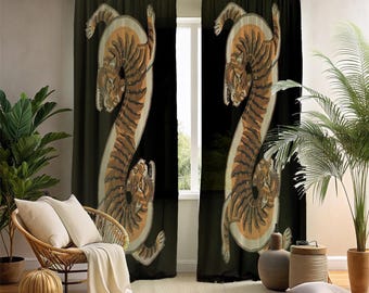 Traditional Eclectic Folk Tiger Window Curtains - 2 Panel Tibetan Style Maximalist Drapes - Moody Boho Living Room Decor