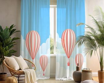 Pastel Hot Air Balloon Window Curtains - 2 Panel Cute Clouds Blue Sky Drapes - Soft Nursery & Playroom Window Decor