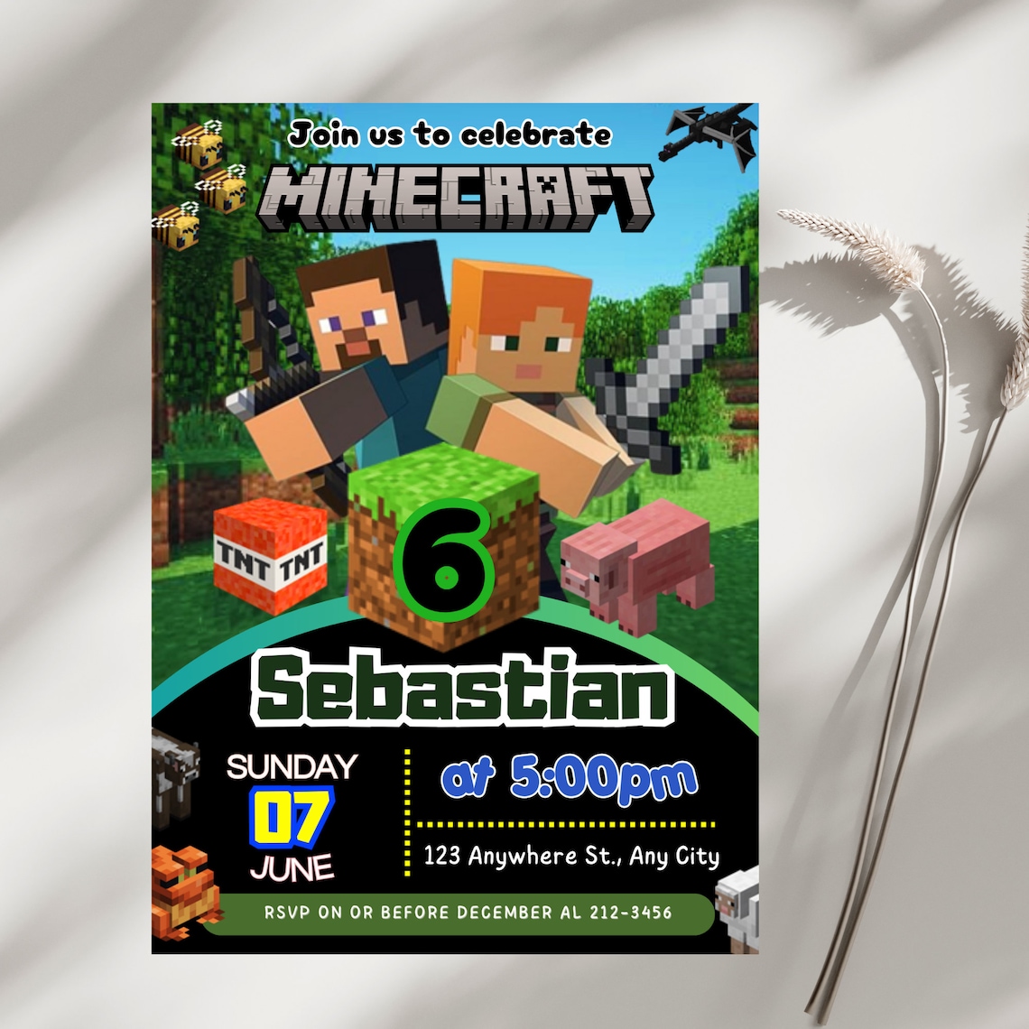 Invitación de cumpleaños editable de Minecraft, Invitación de ...