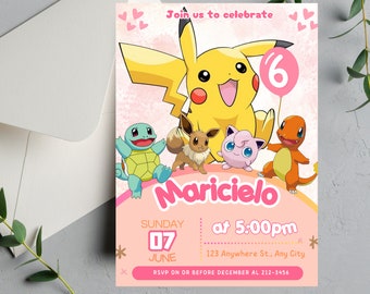 Editable Pokemon Birthday Invitation for Girl, Pokemon Invitation, Pikachu Girl Birthday Party, Pokemon Canva Invitation