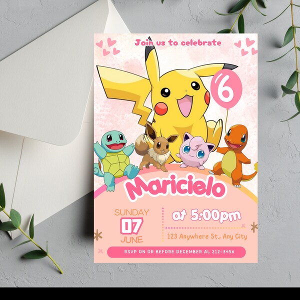 Editable Pokemon Birthday Invitation for Girl, Pokemon Invitation, Pikachu Girl Birthday Party, Pokemon Canva Invitation